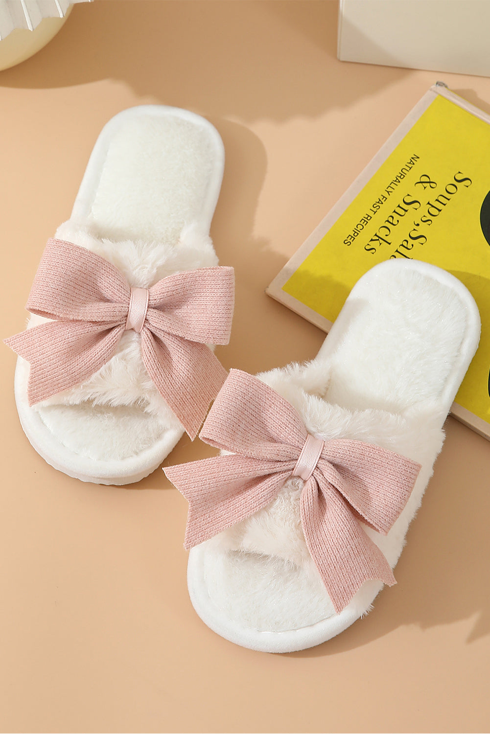White Bow Open Toe Plush Slippers