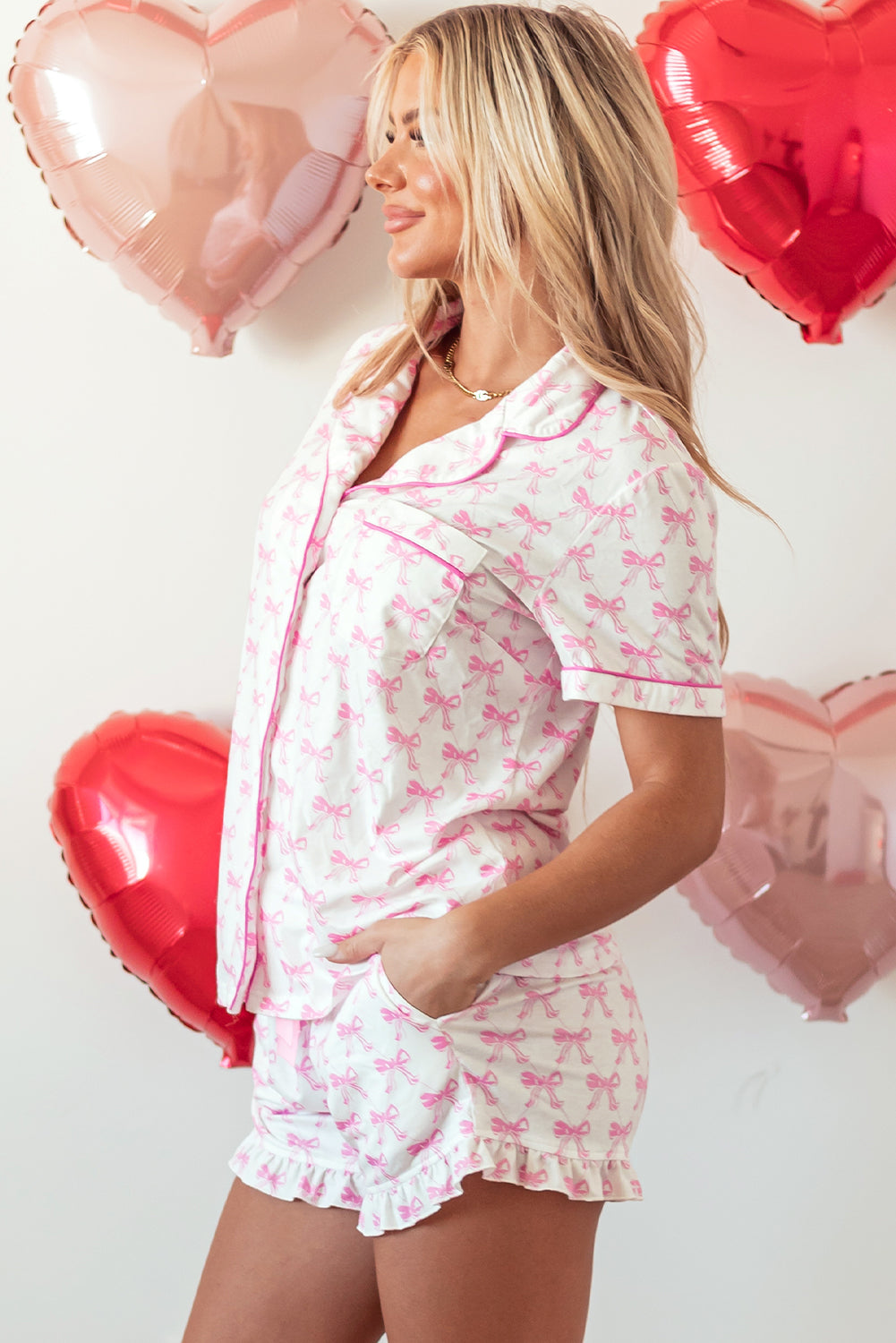 Pink Bow Short Sleeve and Ruffled Shorts Valentines Pajama Set
