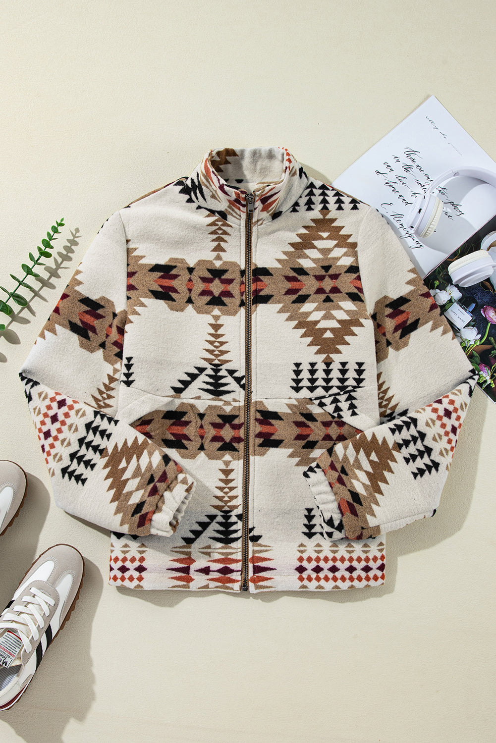 Flat lay front view of Aztec Printed Zip Up Jacket in Beige.
