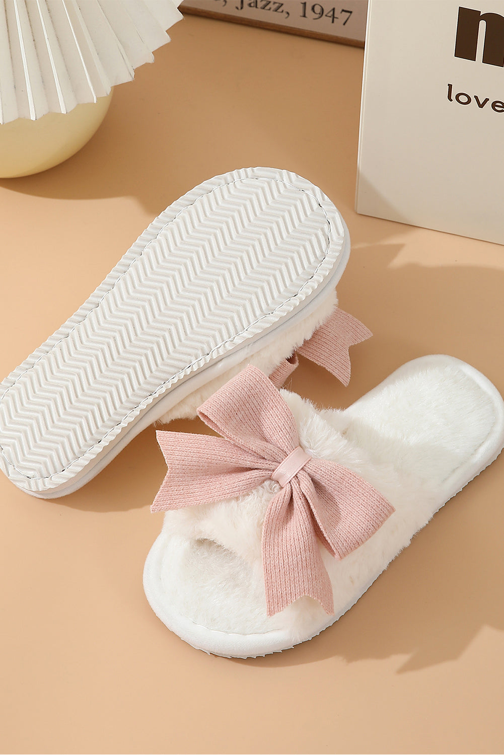 White Bow Open Toe Plush Slippers