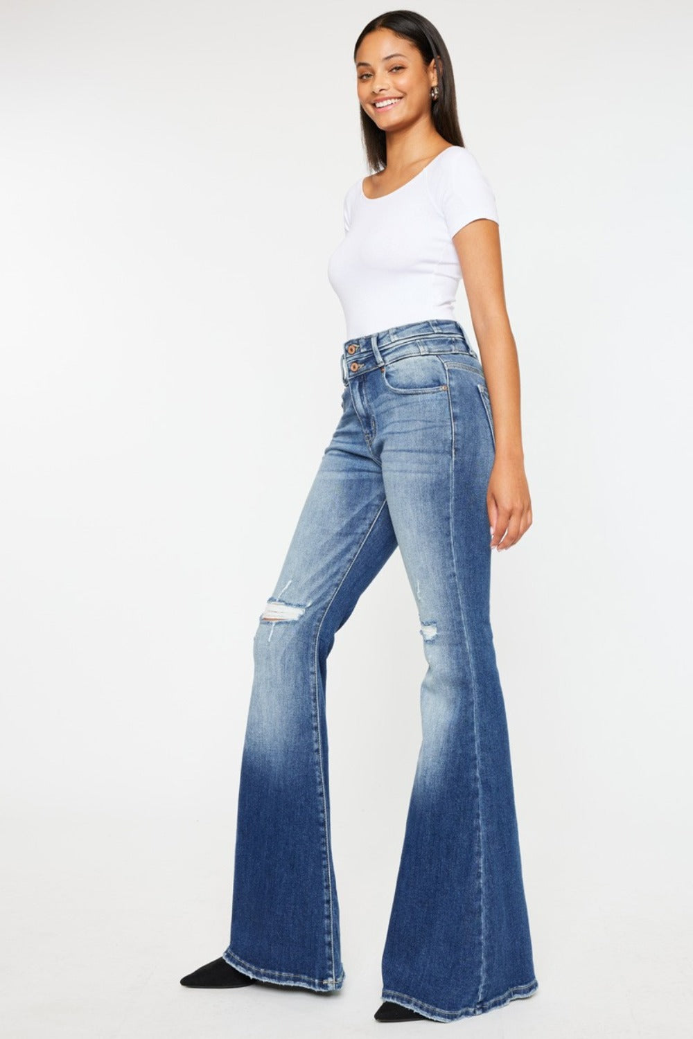Kancan Wide Waistband High Rise Flare Jeans - front left angle view