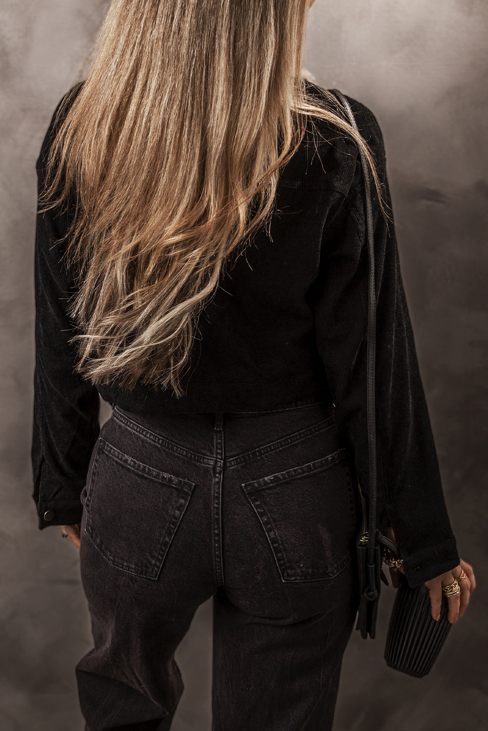 Fleece Lined Button-up Collared Corduroy Crop Jacket - Black 