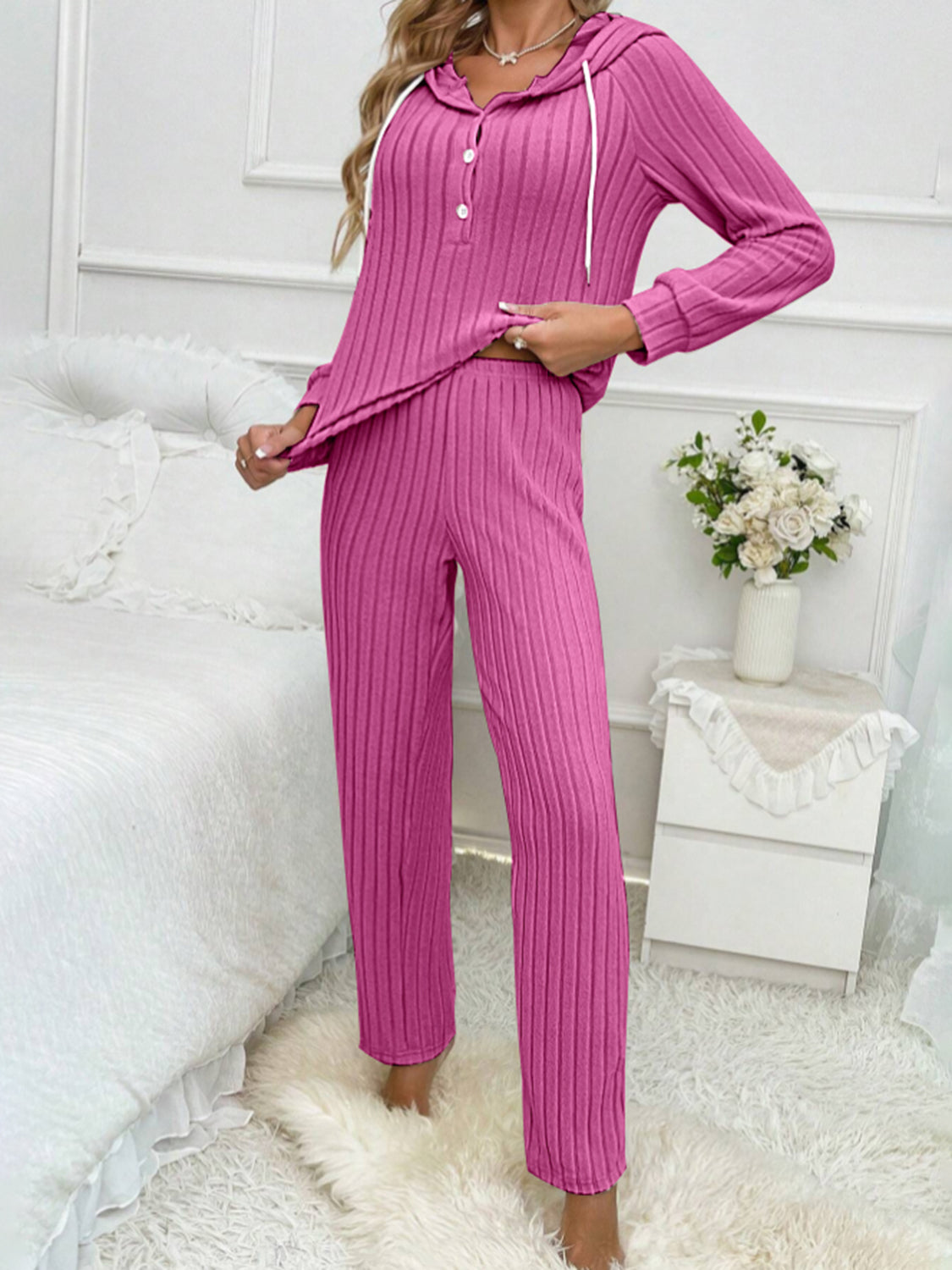 Hooded Top and Ribbed Pants Lounge Set - 4 colors