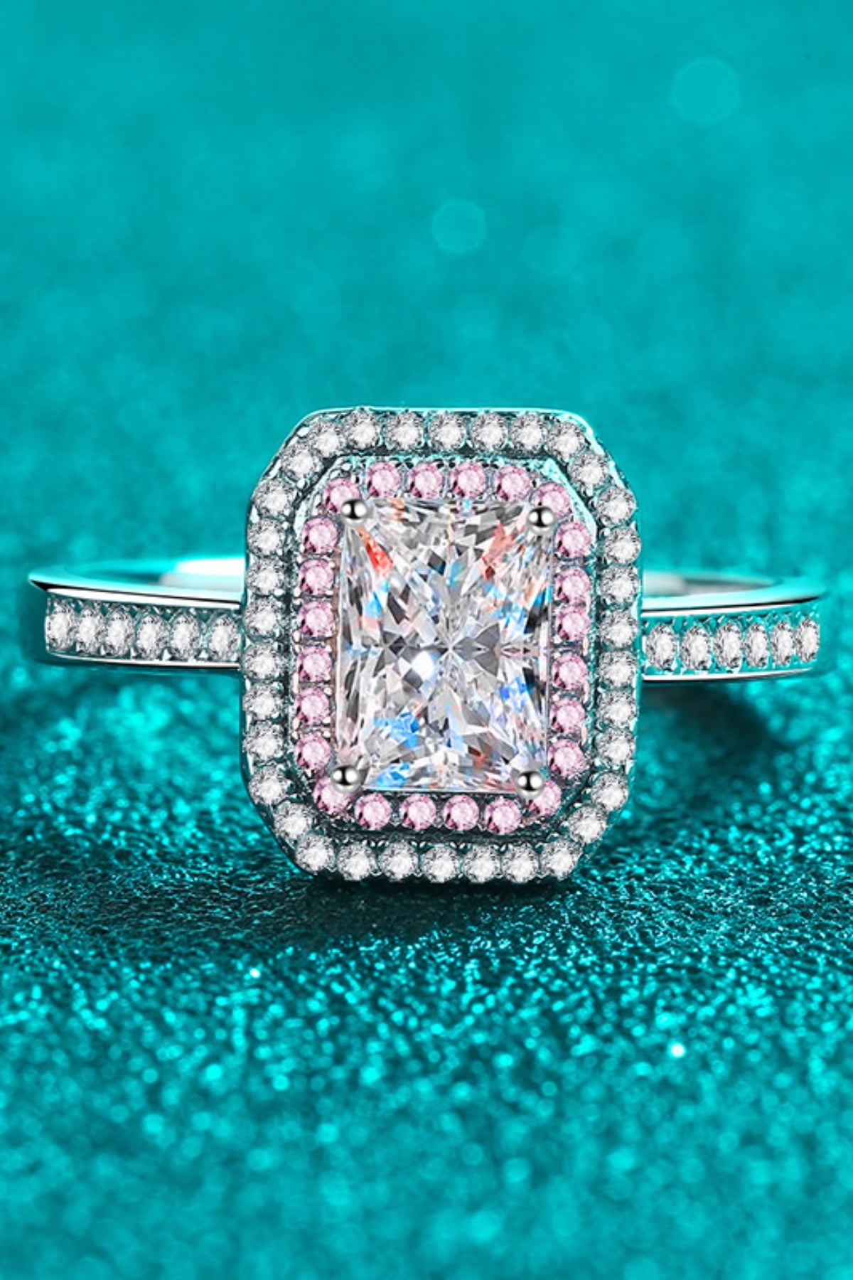 1 Carat Pink & White Square Moissanite Sterling Silver Ring