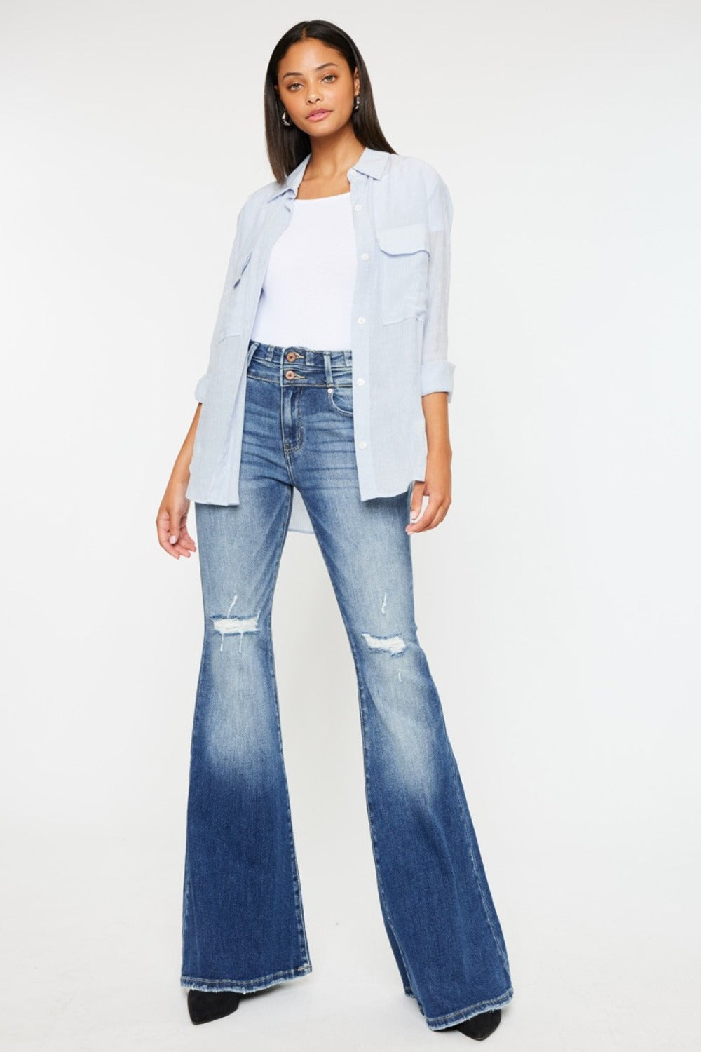 Kancan Wide Waistband High Rise Flare Jeans - front view