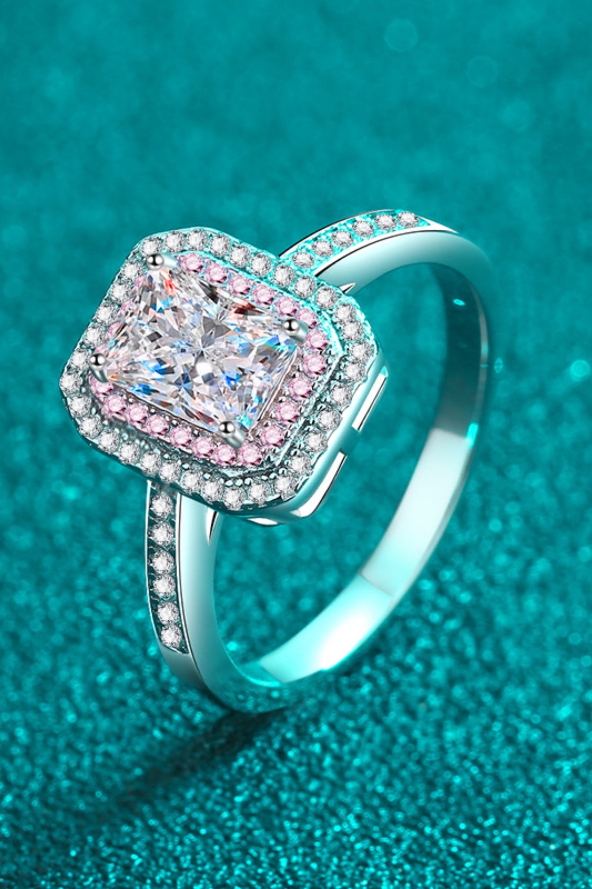 1 Carat Pink & White Square Moissanite Sterling Silver Ring