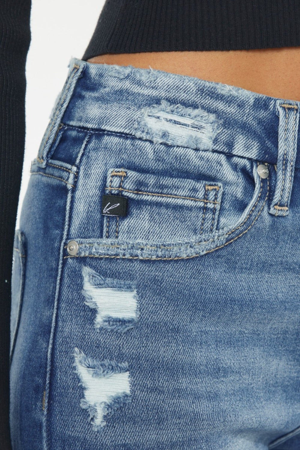 Kancan Wide Waistband High Rise Slim Straight Jeans - close up of front pocket