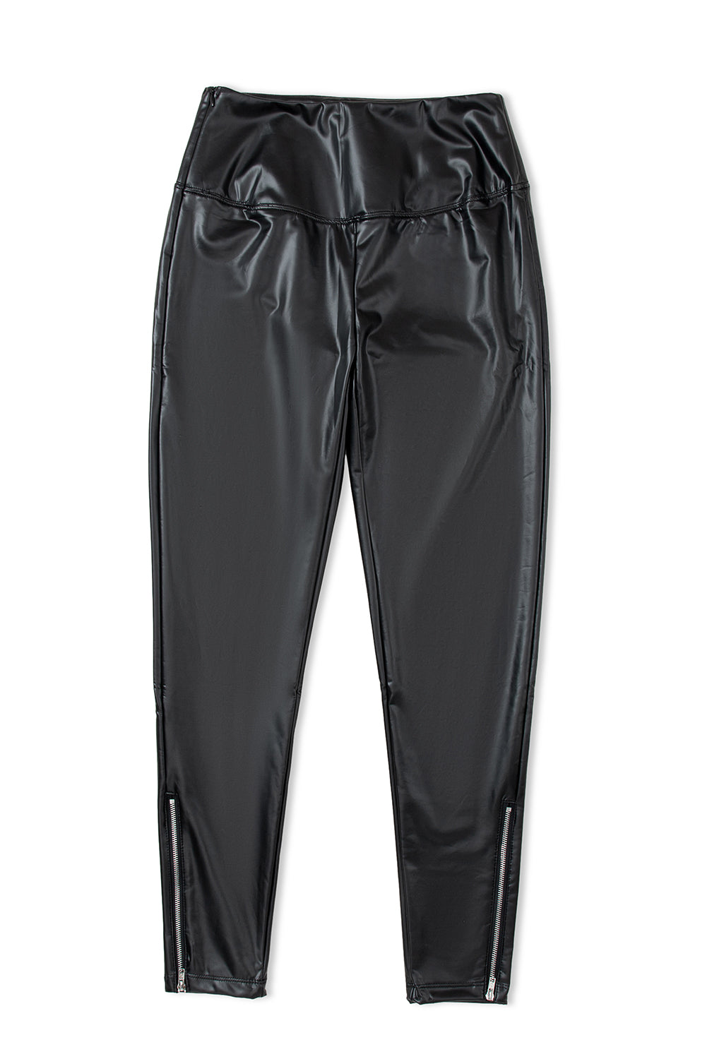 Introducing the Faux Leather Zipper Detail High Waist Leggings in Black: These glossy high-waisted leggings feature zipper accents at the ankles and seam detailing on both the front and back, providing a sleek and stylish look. Their smooth, shiny texture makes them an ideal choice for any chic ensemble. Photographed laid flat on a white background, they offer effortless elegance.