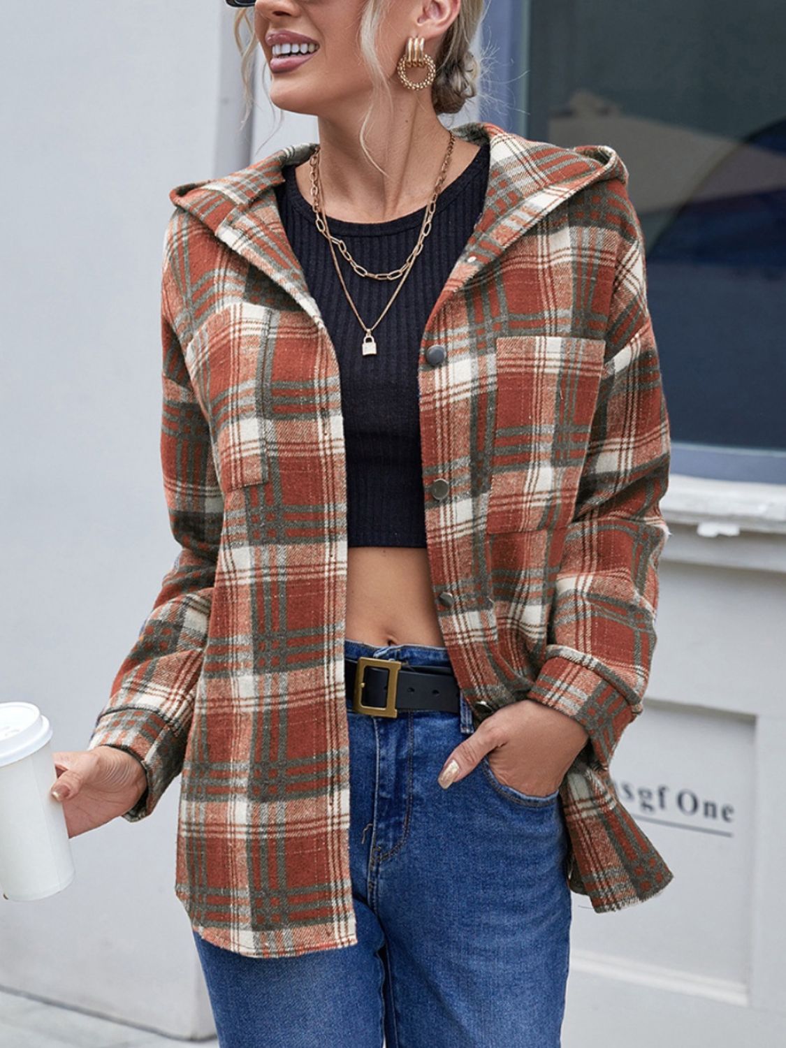 Plaid Button Up Hooded Jacket - 2 colors