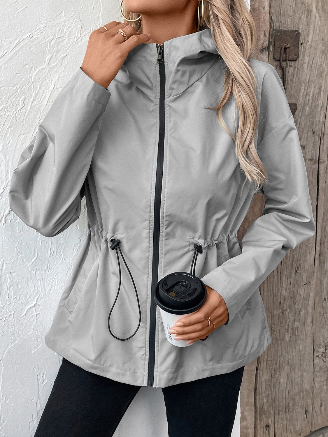 Drawstring Zip Up Hooded Jacket - 4 colors