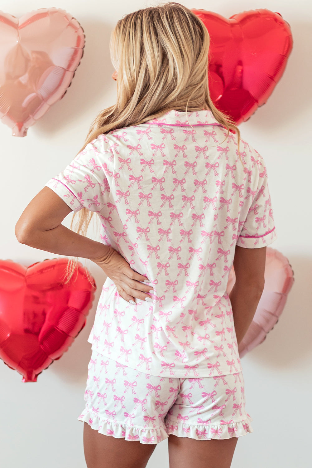 Pink Bow Short Sleeve and Ruffled Shorts Valentines Pajama Set