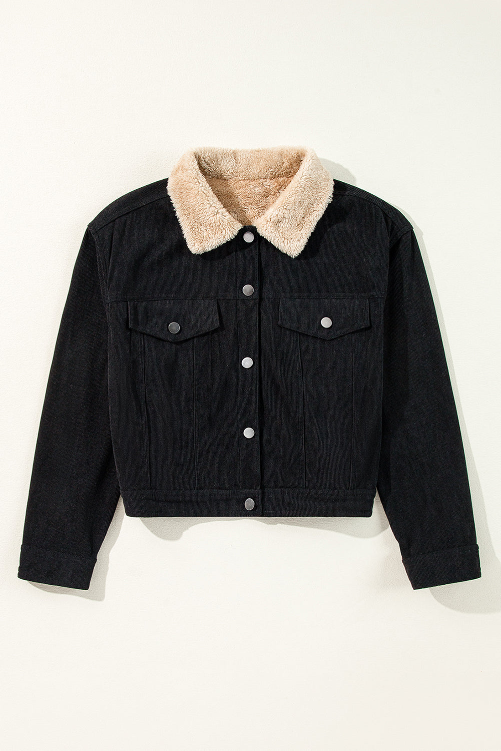 Fleece Lined Button-up Collared Corduroy Crop Jacket - Black 