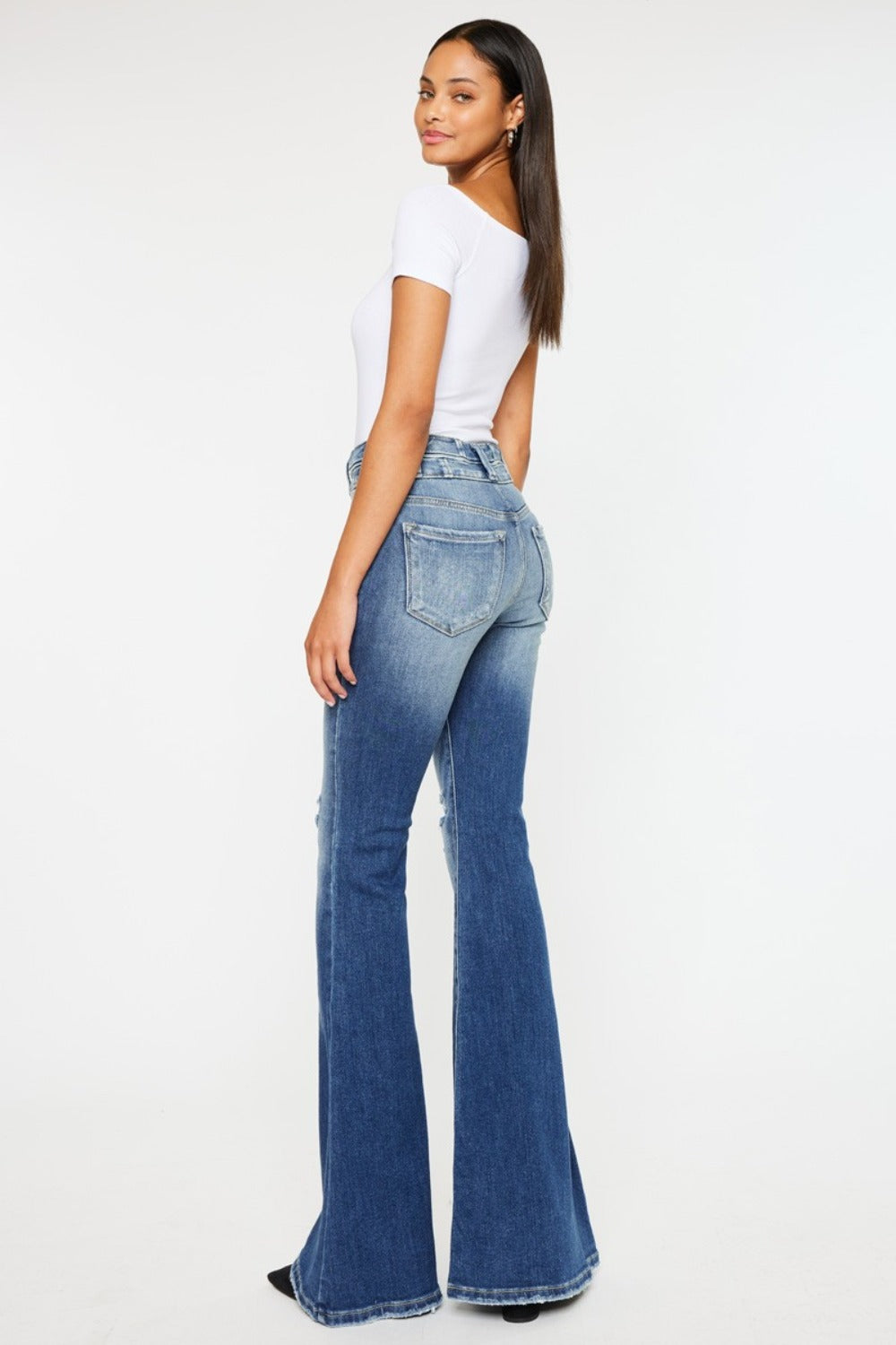 Kancan Wide Waistband High Rise Flare Jeans - left rear angle view