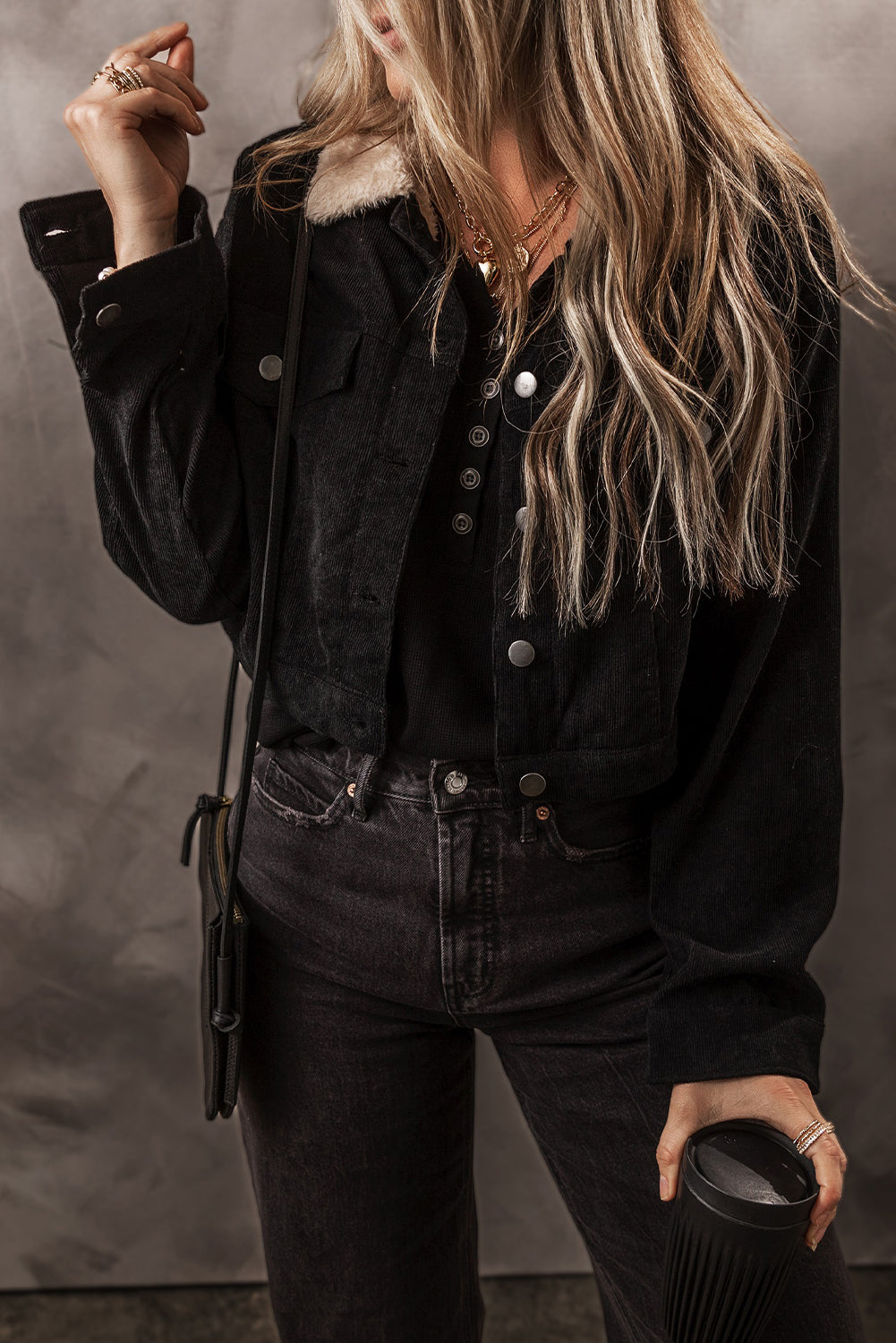 Fleece Lined Button-up Collared Corduroy Crop Jacket - Black 
