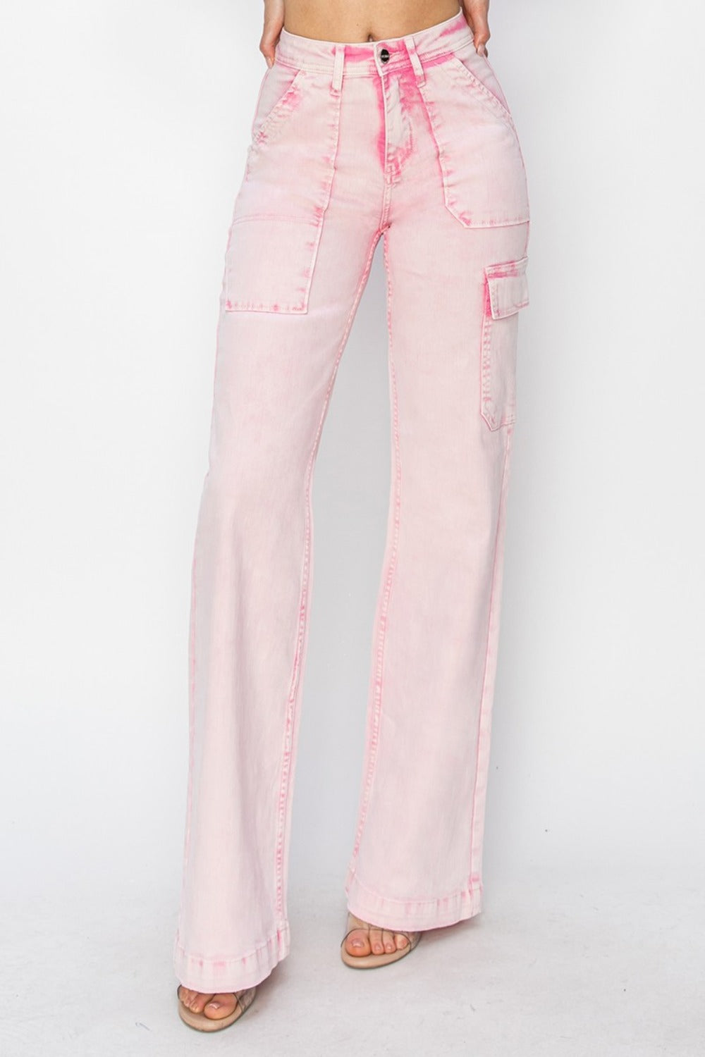 RISEN High Rise Wide Leg Cargo Pocket Jeans in Acid Pink