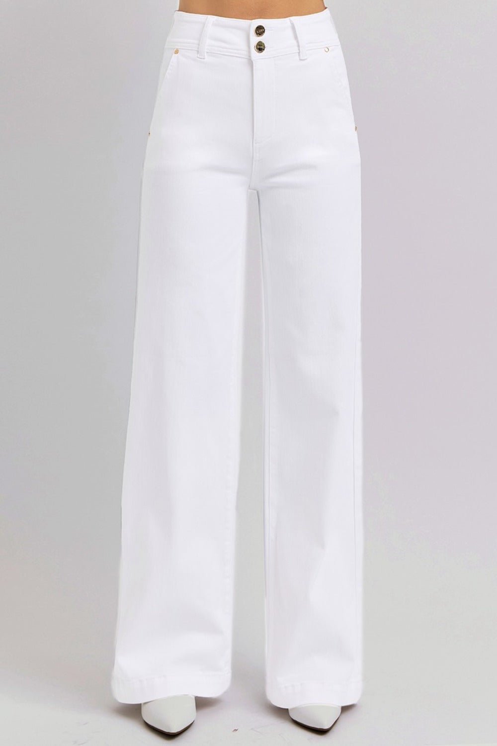 RISEN Tummy Control Double Button Wide Leg Jeans - white