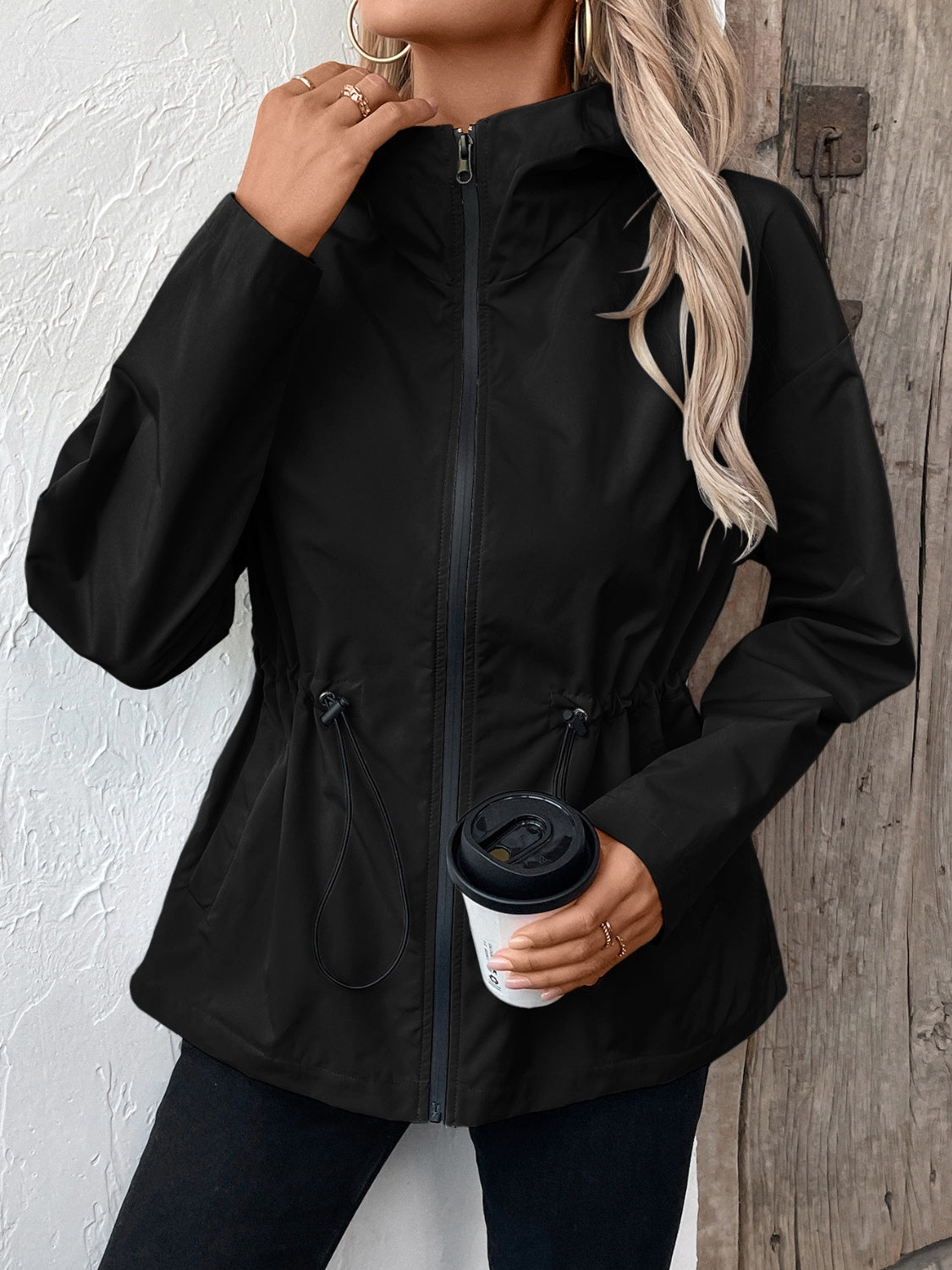 Drawstring Zip Up Hooded Jacket - 4 colors
