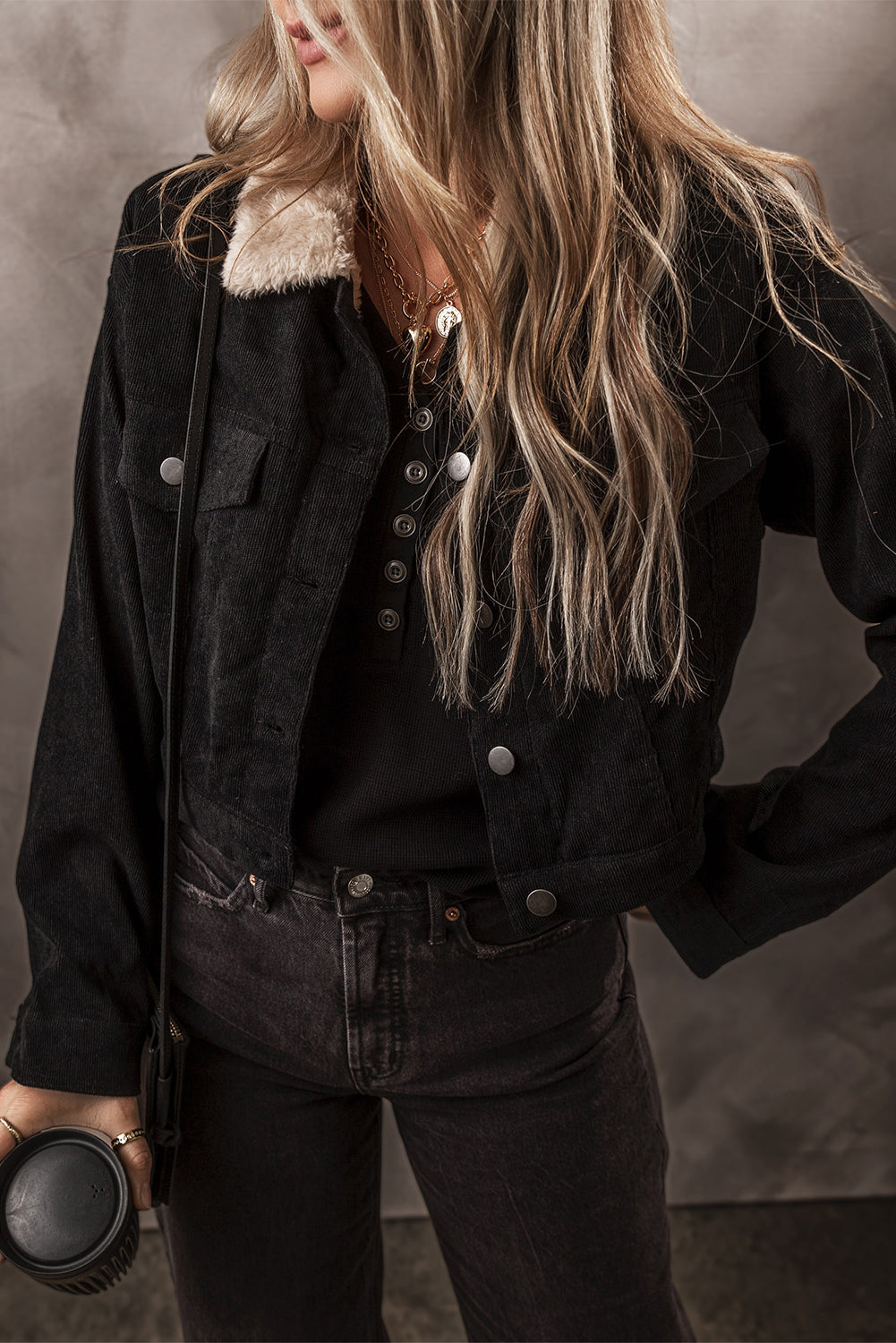 Fleece Lined Button-up Collared Corduroy Crop Jacket - Black 