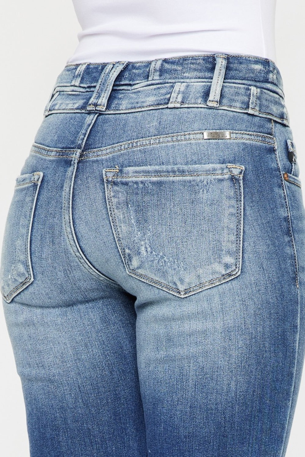 Kancan Wide Waistband High Rise Flare Jeans - close-up of back pockets