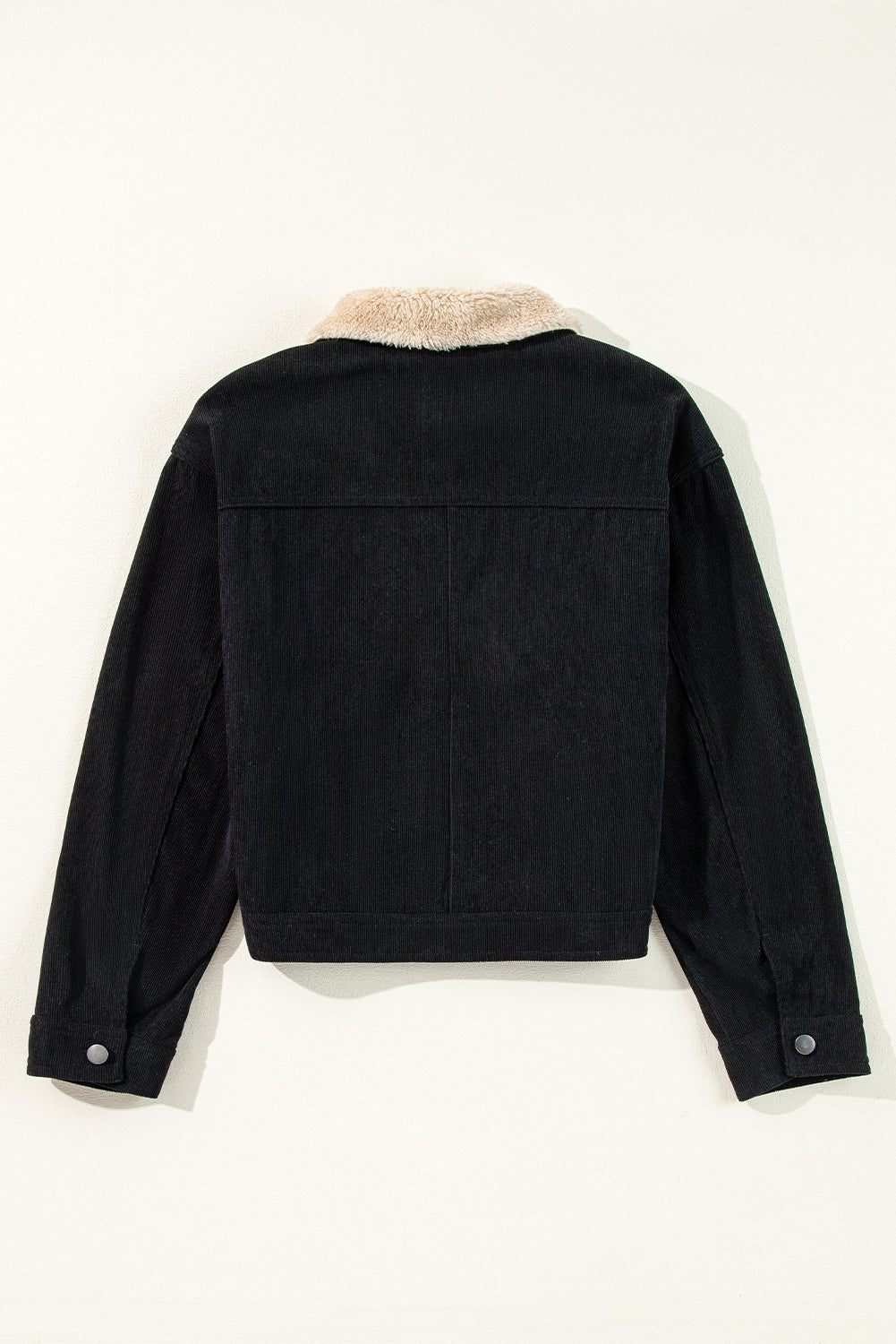 Fleece Lined Button-up Collared Corduroy Crop Jacket - Black 