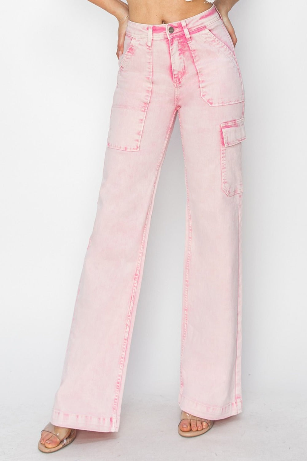 RISEN High Rise Wide Leg Cargo Pocket Jeans in Acid Pink