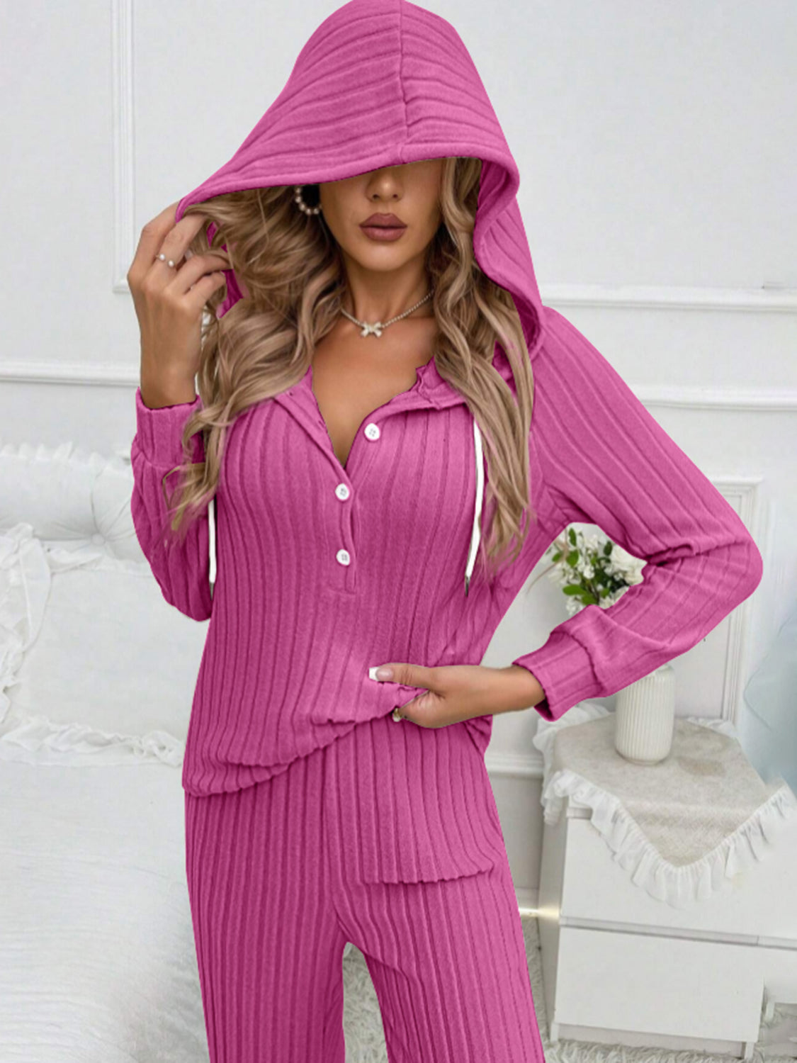 Hooded Top and Ribbed Pants Lounge Set - 4 colors
