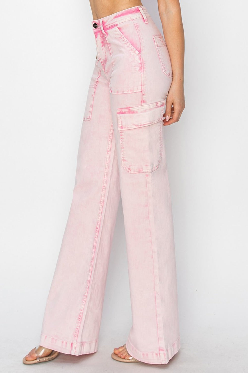RISEN High Rise Wide Leg Cargo Pocket Jeans in Acid Pink