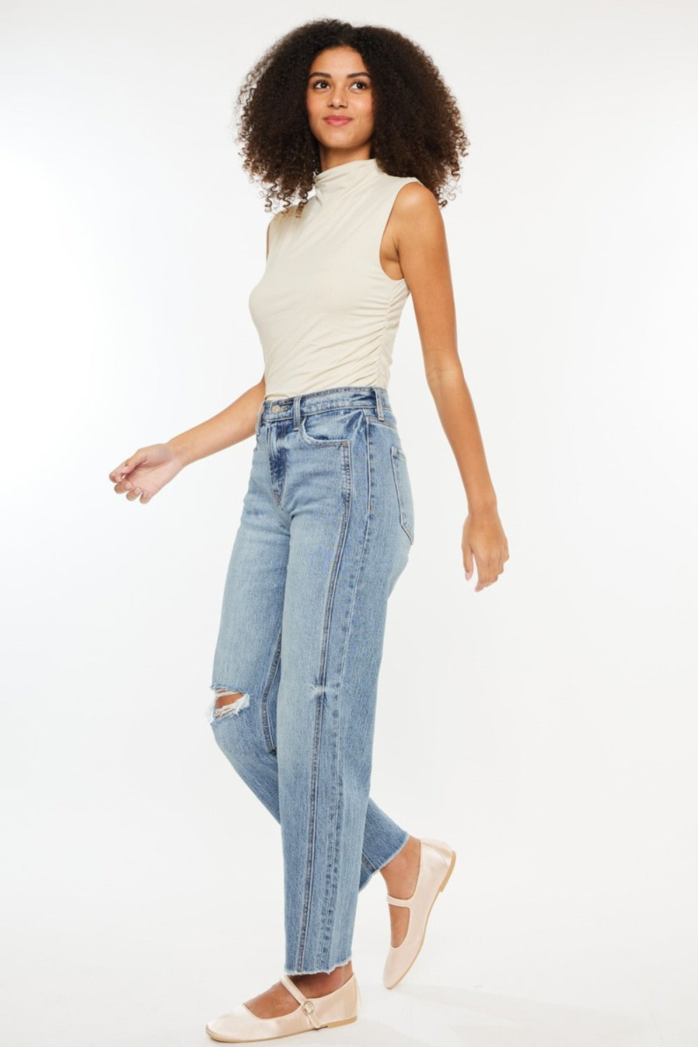 Kancan Straight Ultra High Rise Distressed Jeans - left front angle view