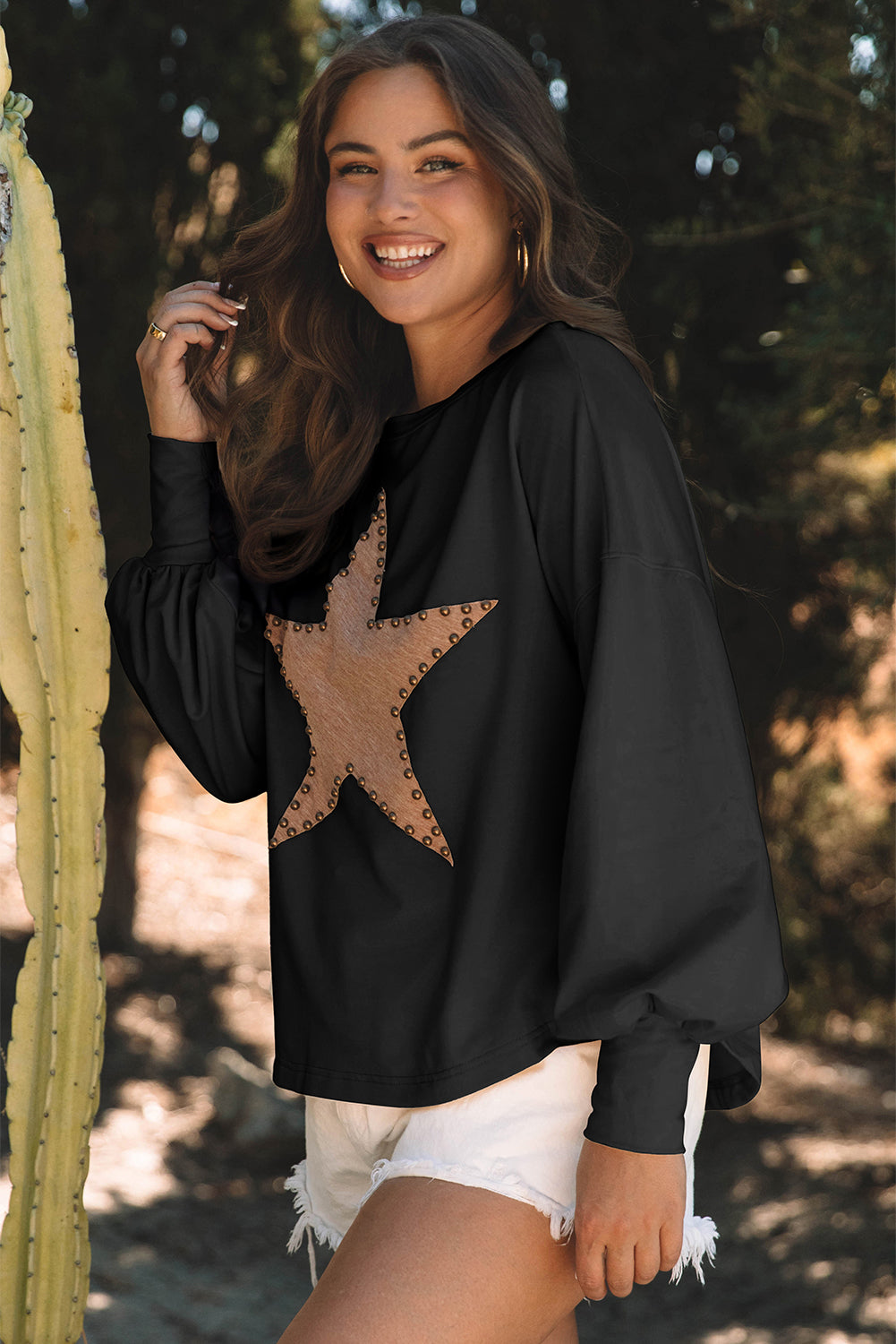 Studded Star Graphic Oversized Long Sleeve Top - 3 colors
