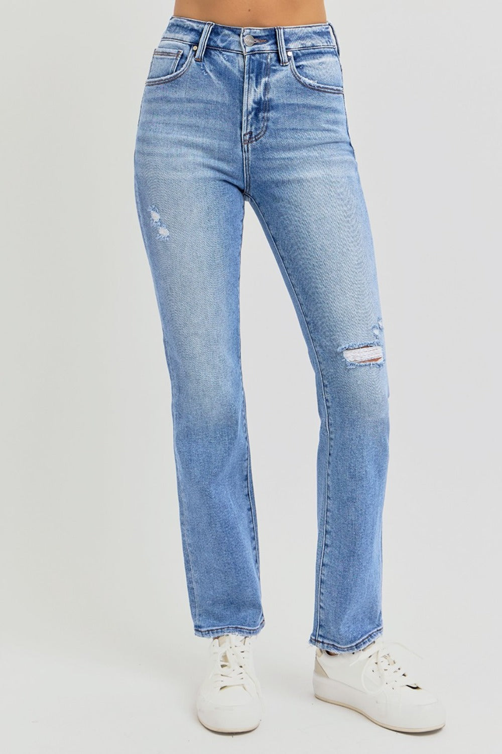 RISEN Distressed High-Rise Straight Ankle Jeans