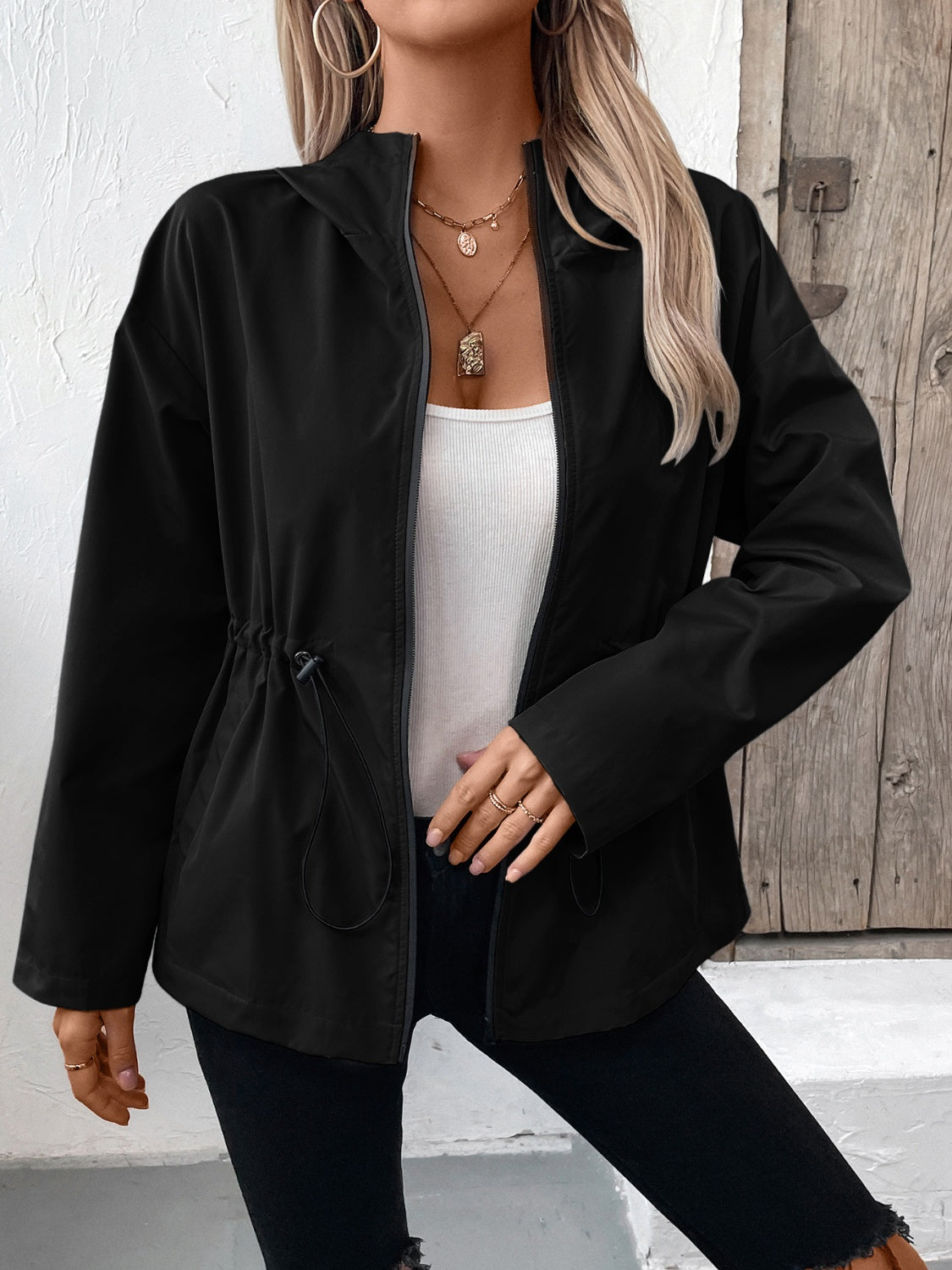 Drawstring Zip Up Hooded Jacket - 4 colors