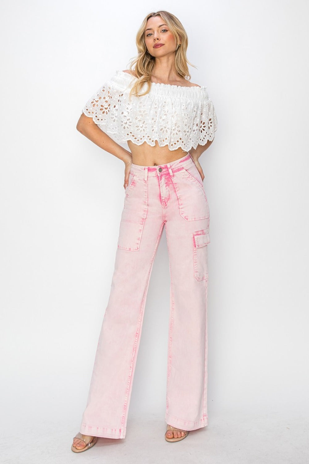 RISEN High Rise Wide Leg Cargo Pocket Jeans in Acid Pink