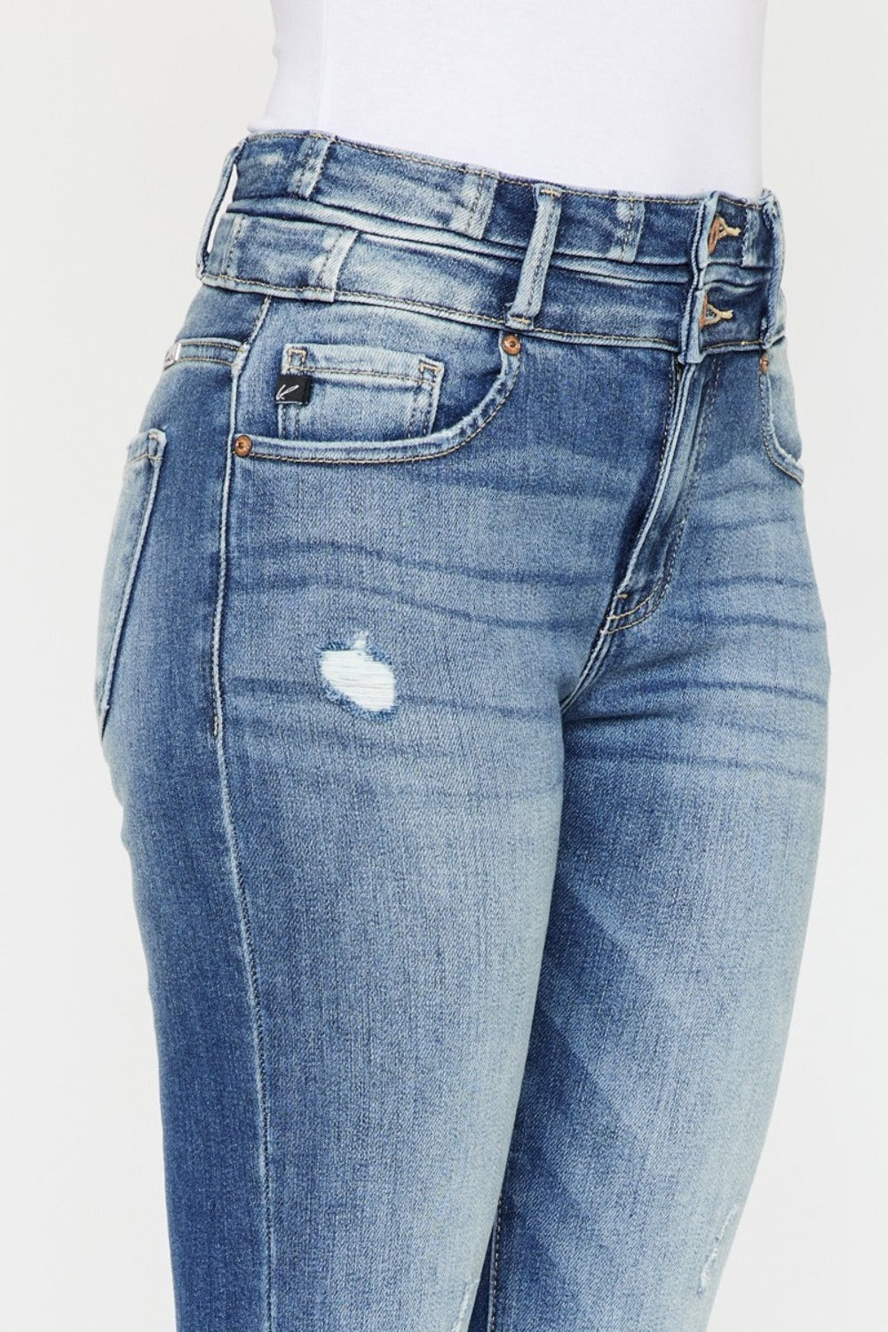 Kancan Wide Waistband High Rise Flare Jeans - close-up of waist