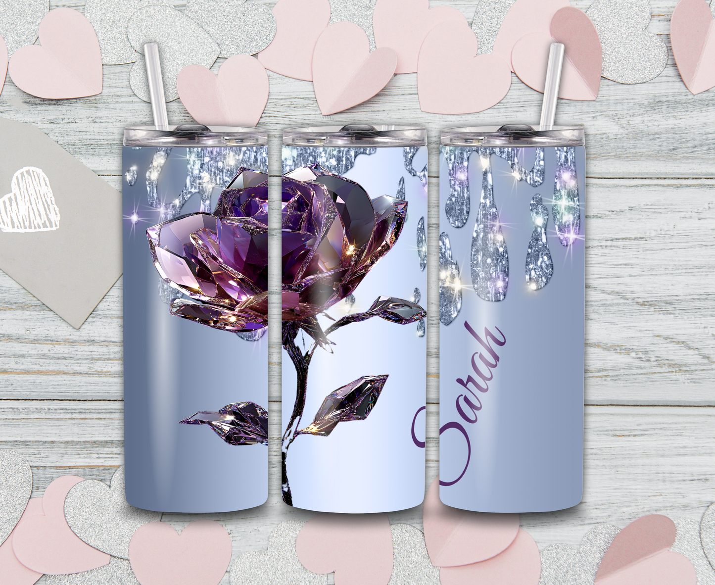 Crystal Rose & Diamonds Tumbler - Option to Personalize, 20oz Insulated Stainless Steel