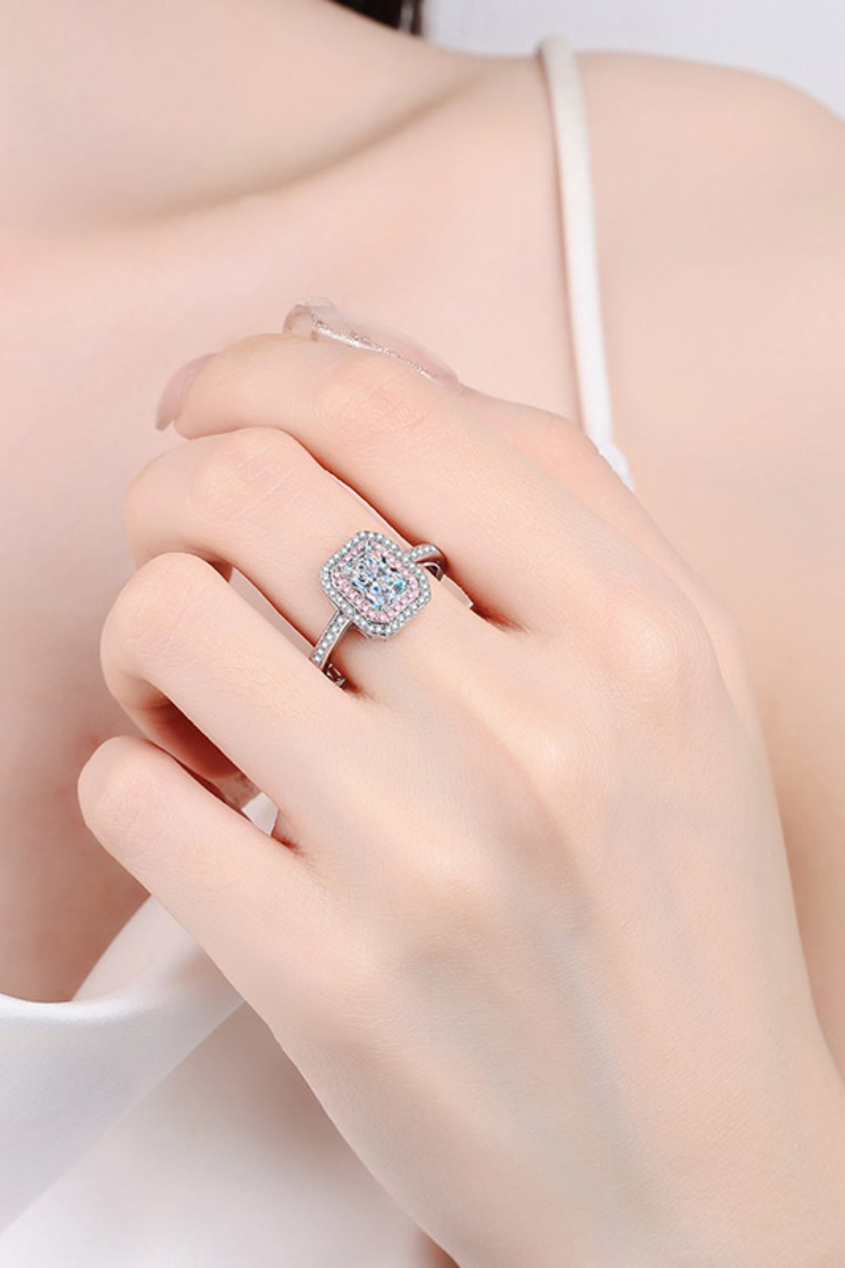 1 Carat Pink & White Square Moissanite Sterling Silver Ring
