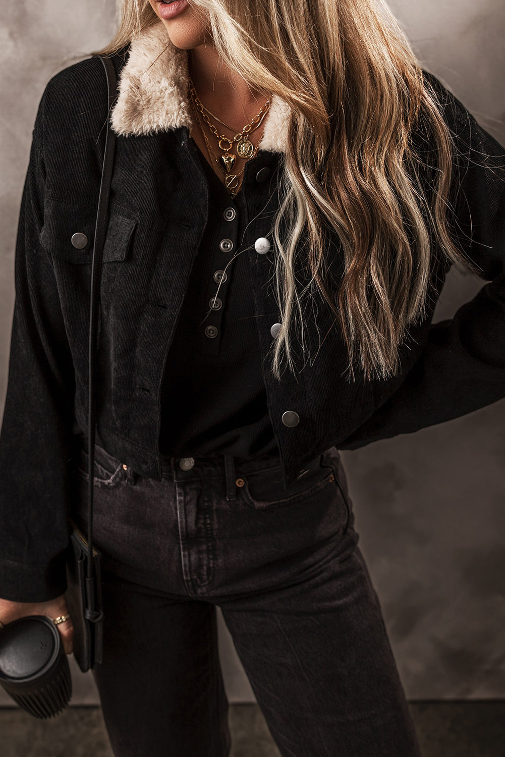 Fleece Lined Button-up Collared Corduroy Crop Jacket - Black 