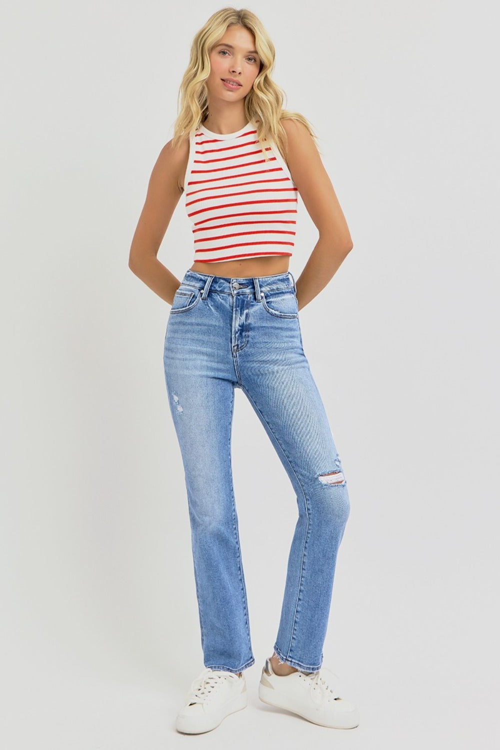 RISEN Distressed High-Rise Straight Ankle Jeans