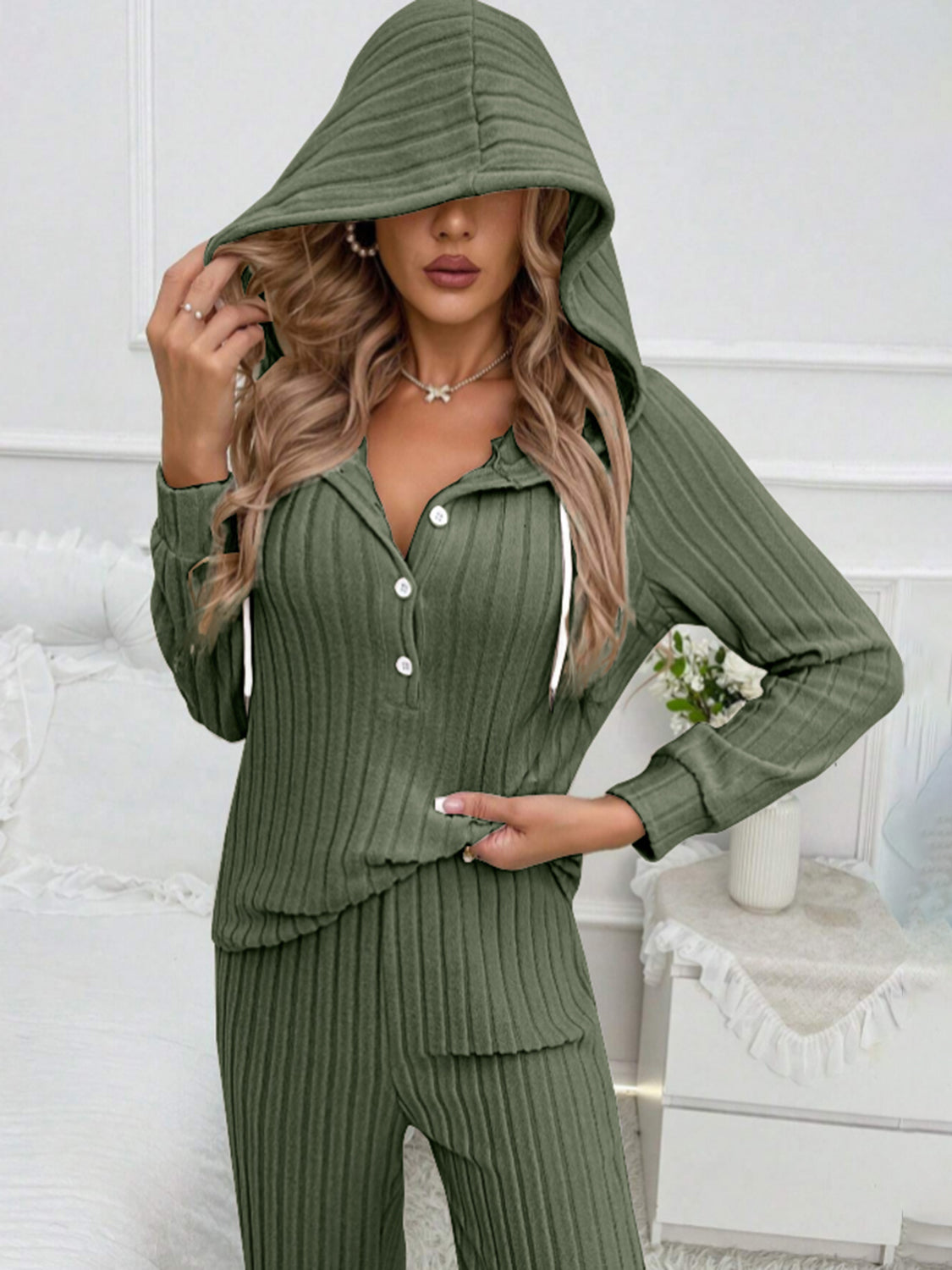 Hooded Top and Ribbed Pants Lounge Set - 4 colors