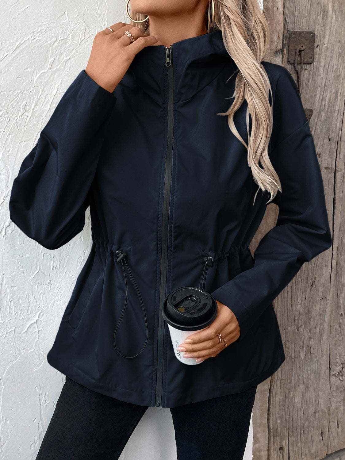 Drawstring Zip Up Hooded Jacket - 4 colors