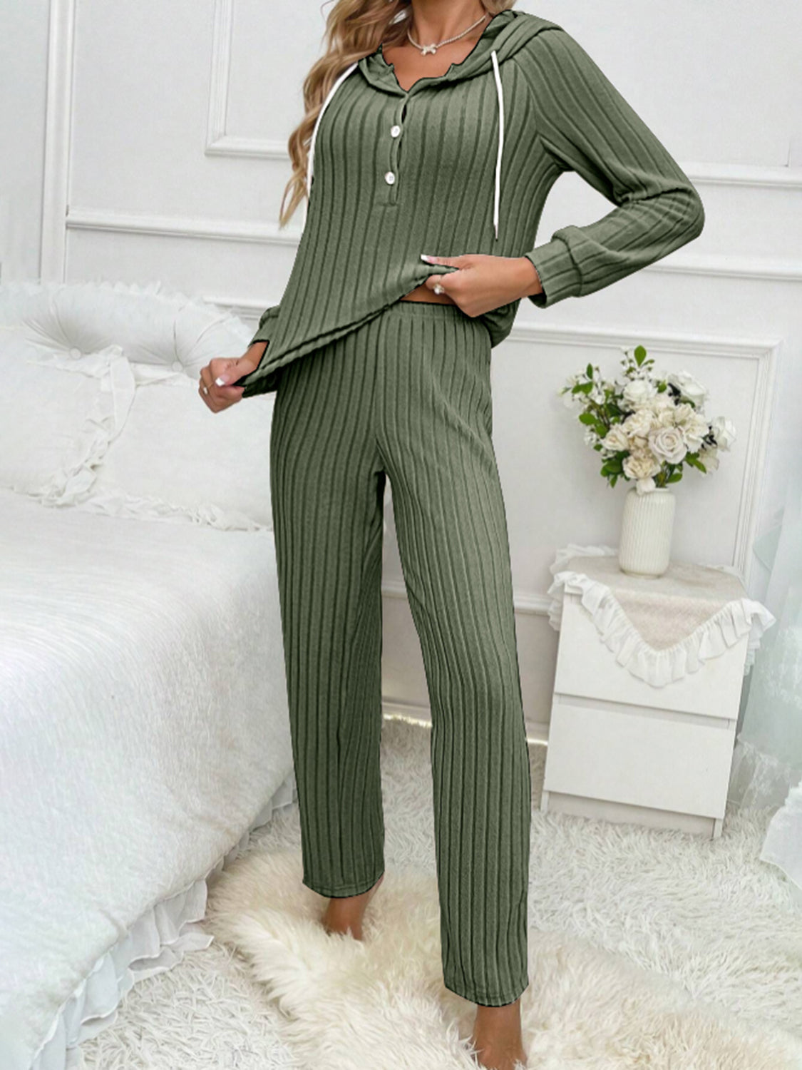 Hooded Top and Ribbed Pants Lounge Set - 4 colors