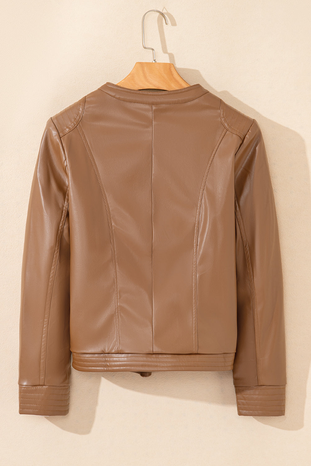 Chestnut faux leather slim fit bomber jacket. Back view