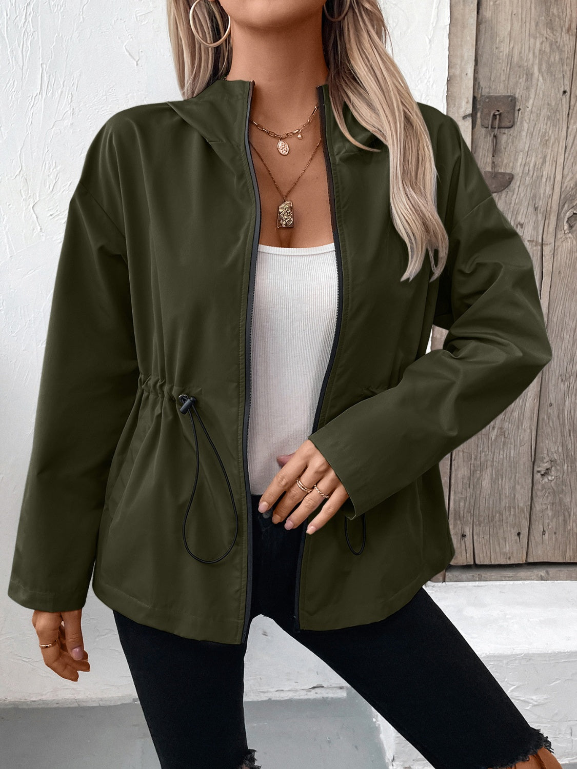 Drawstring Zip Up Hooded Jacket - 4 colors