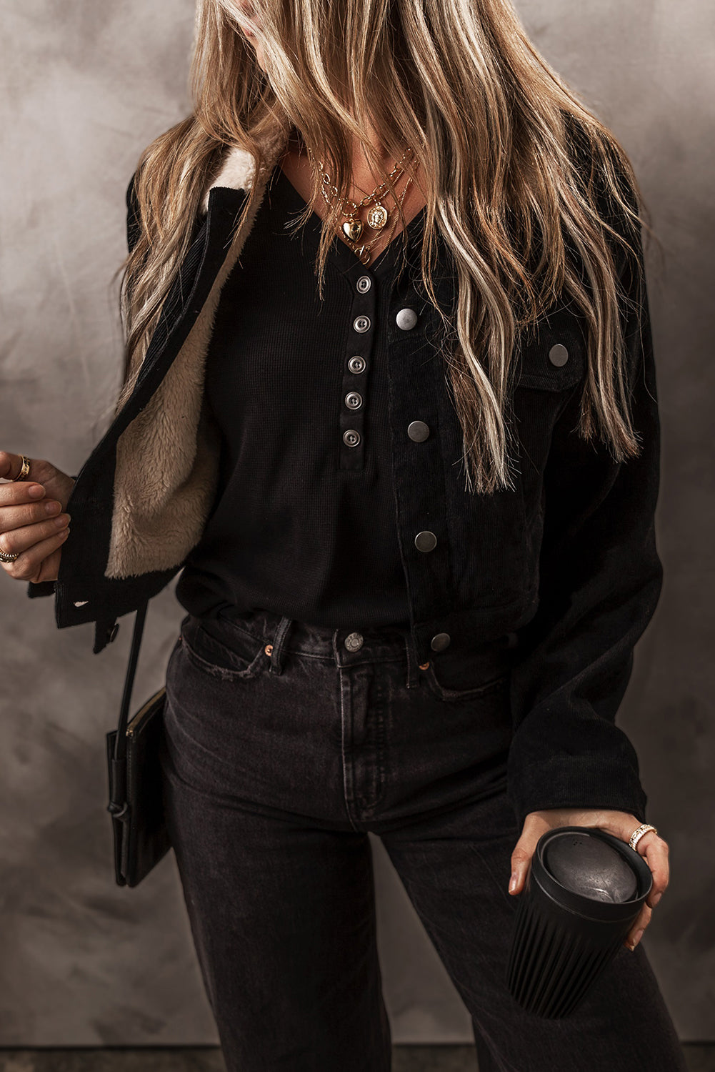 Fleece Lined Button-up Collared Corduroy Crop Jacket - Black 
