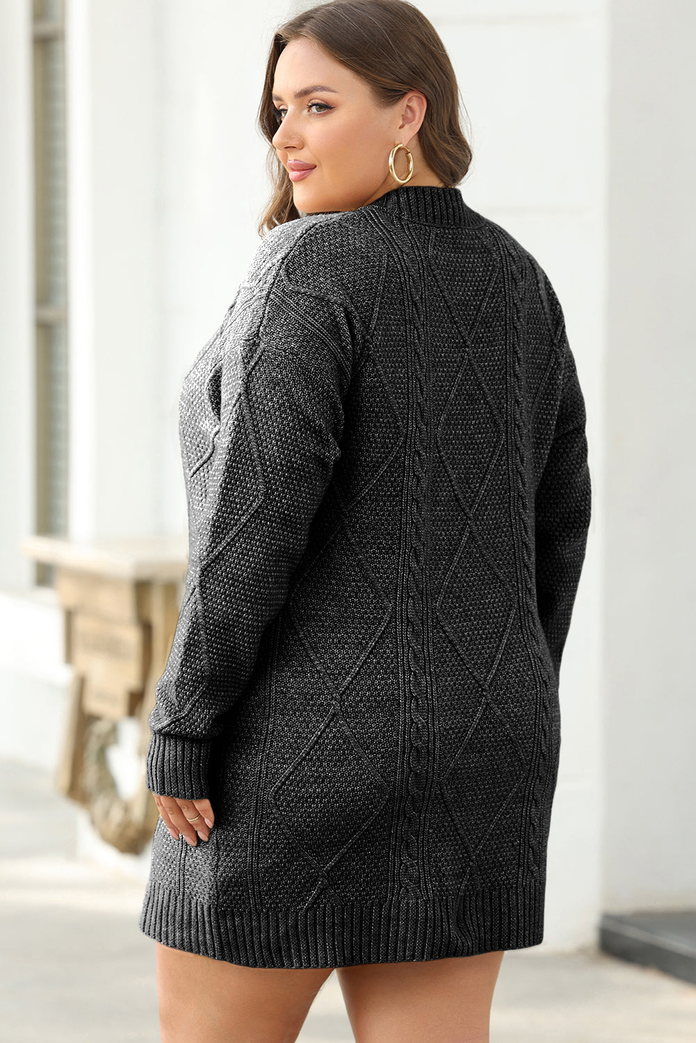 Cable Knit Drop Shoulder Loose Fit Sweater Dress - Black