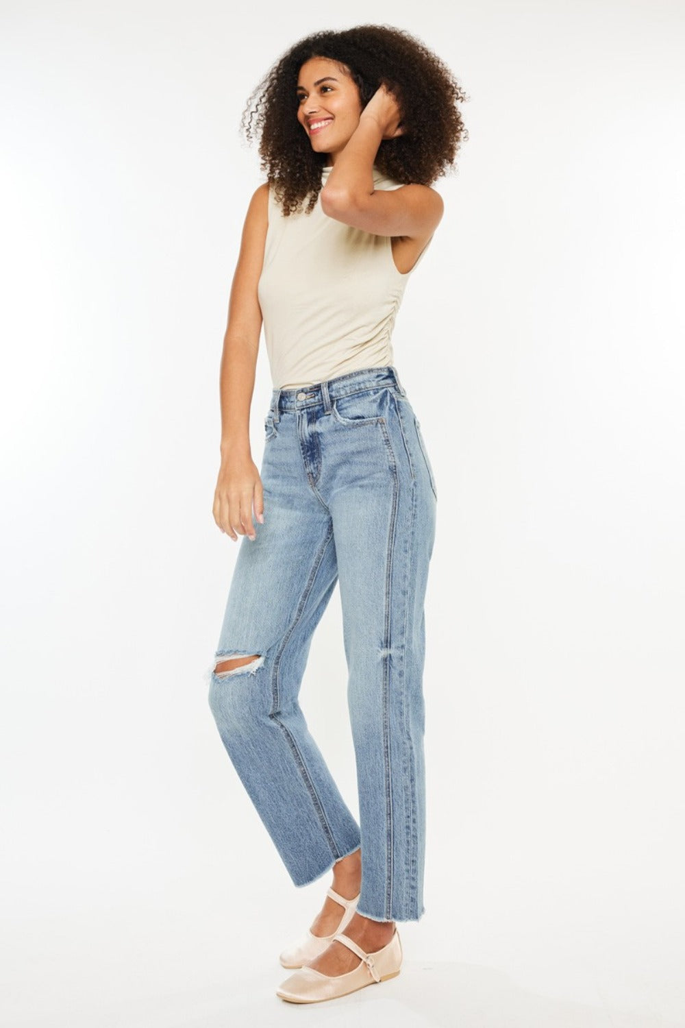 Kancan Straight Ultra High Rise Distressed Jeans - left front angle view