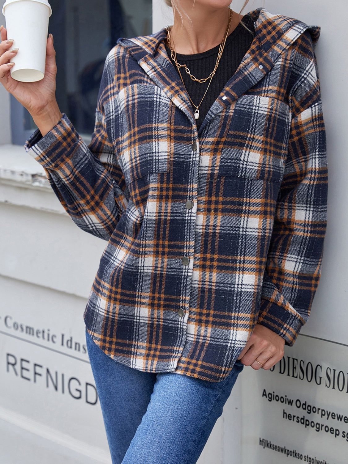 Plaid Button Up Hooded Jacket - 2 colors
