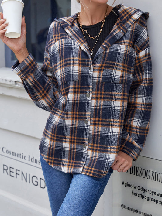 Plaid Button Up Hooded Jacket - 2 colors