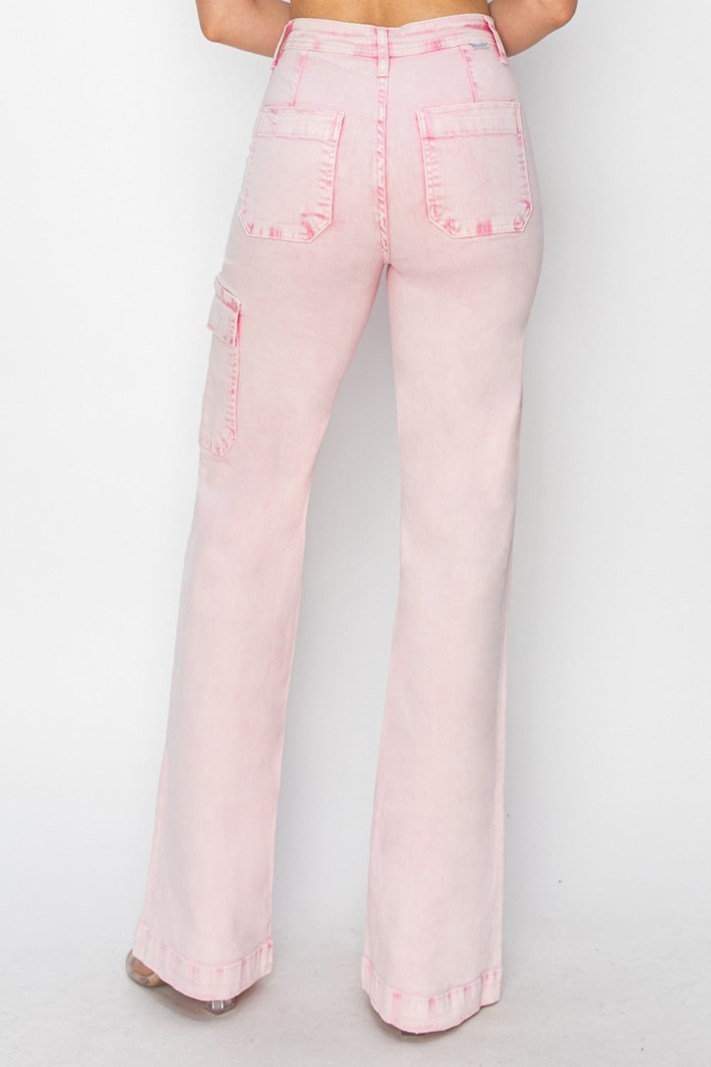 RISEN High Rise Wide Leg Cargo Pocket Jeans in Acid Pink