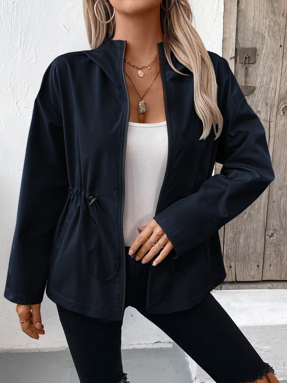 Drawstring Zip Up Hooded Jacket - 4 colors