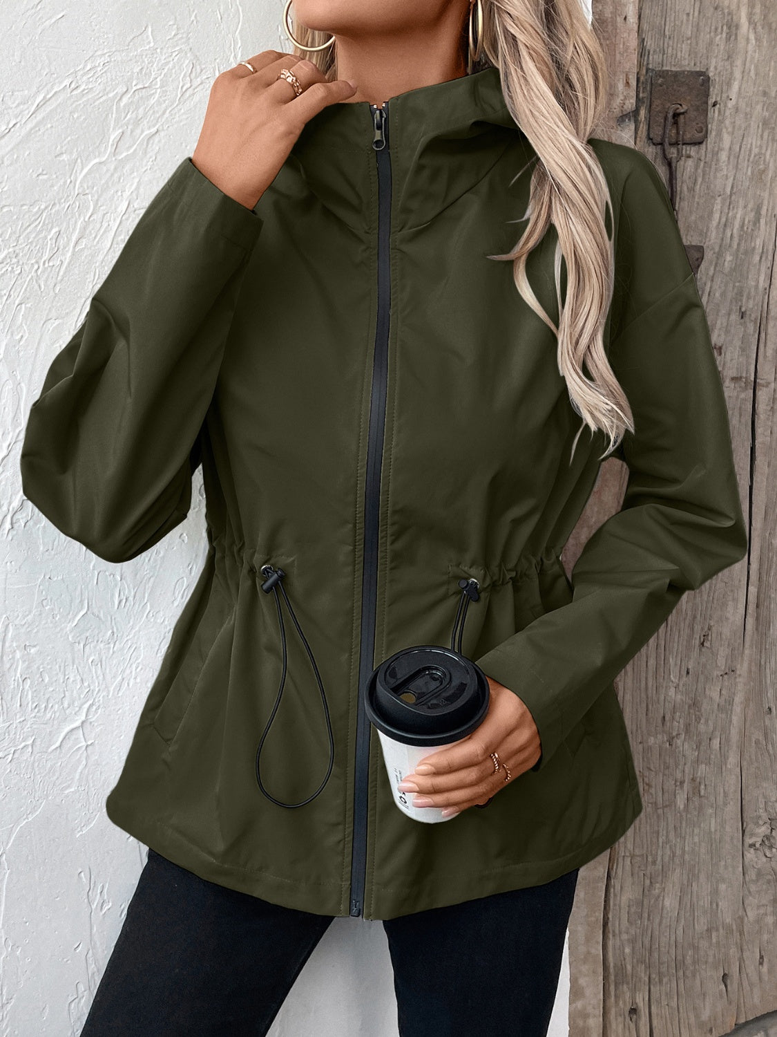 Drawstring Zip Up Hooded Jacket - 4 colors